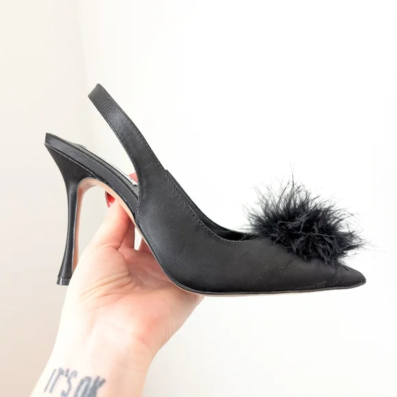 Steve Madden Black Feather Pom Pom Blythe Satin Slingback Heels Pumps - Picture 8 of 10